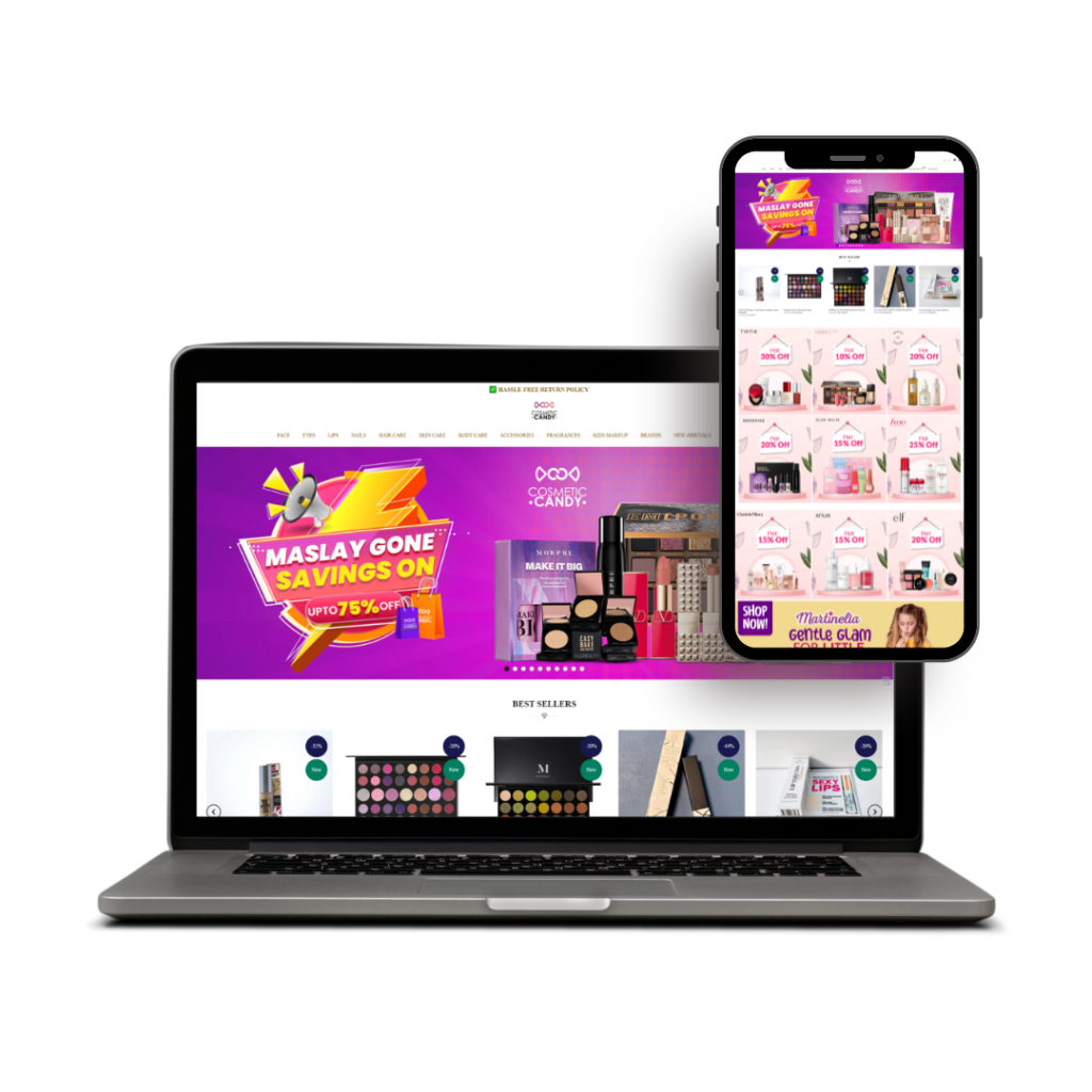 Shopify beauty store design for Cosmetic showcasing categories and product navigation.